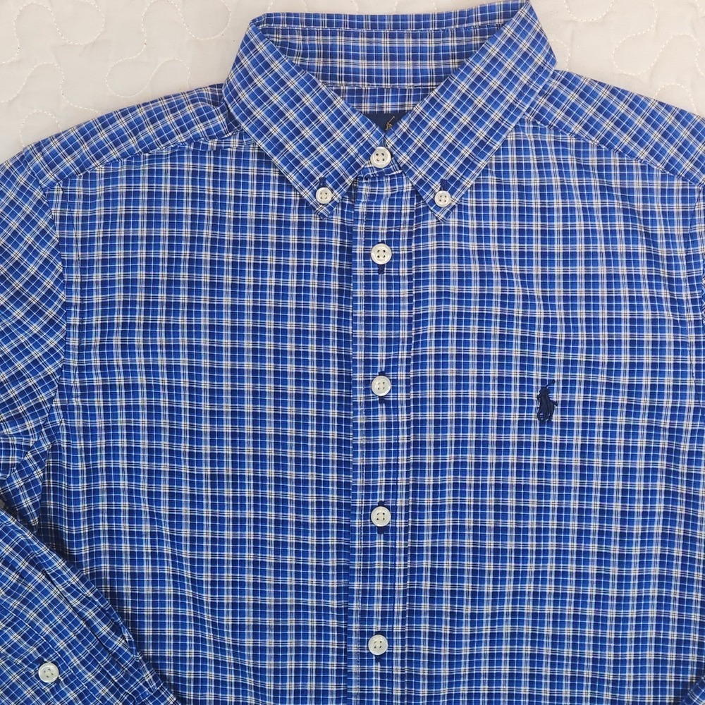 NEW Ralph Lauren BOYS Plaid Stretch Cotton Button Up Down Shirt Blue M 10 12 L/S - Picture 2 of 8